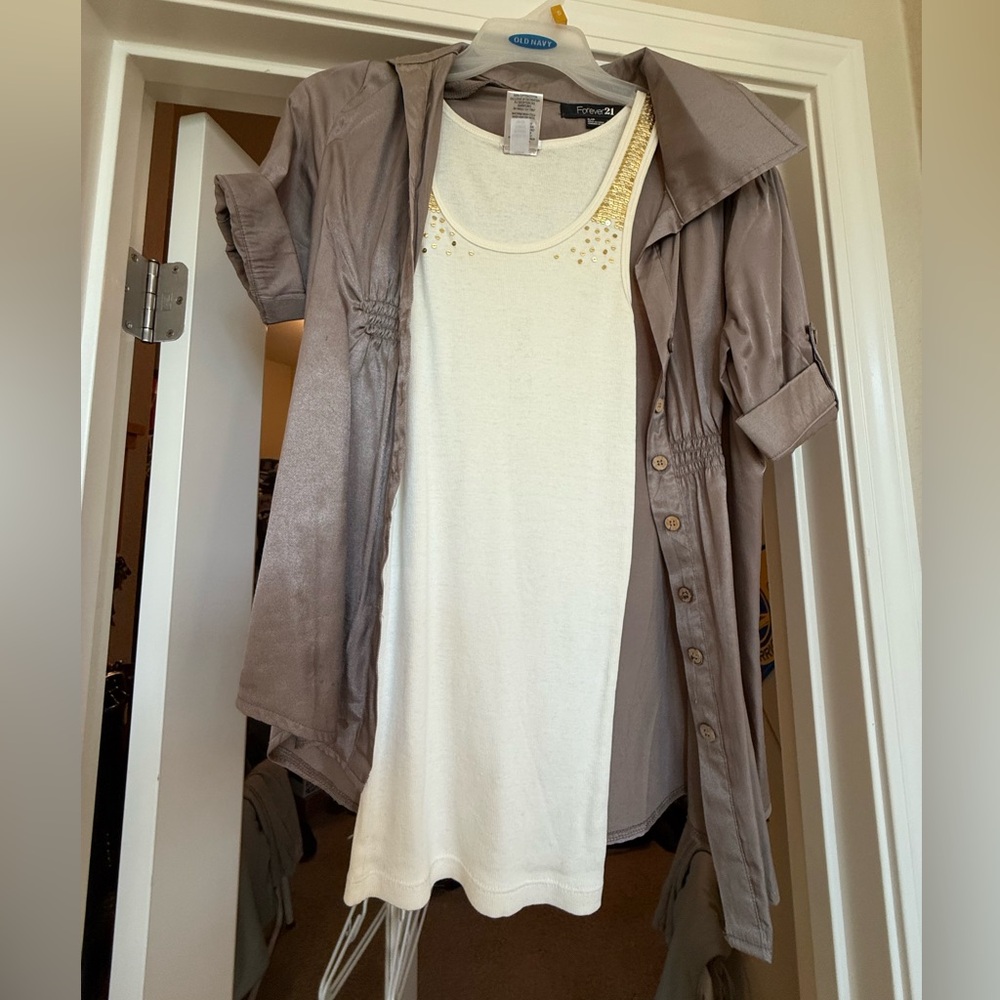 White Tank Top with Studded Detail and Gray Short Sleeve Jacket